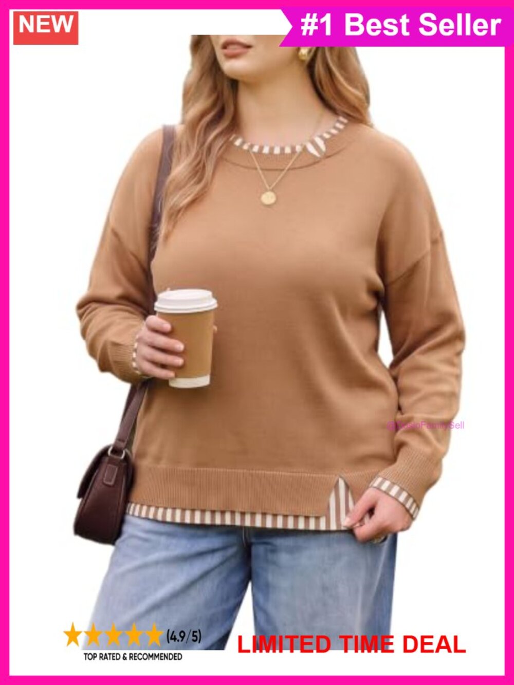 Plus Size Knit Pullover Sweater Patchwork Long Sleeve Crew Neck